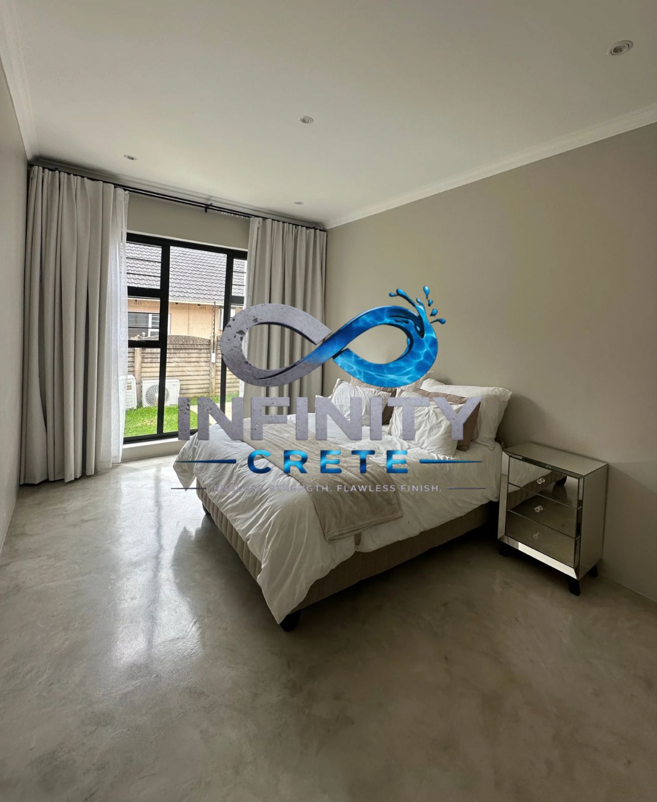After — warm seamless screed flooring in a guest bedroom, installed by Infinity Crete in Pretoria